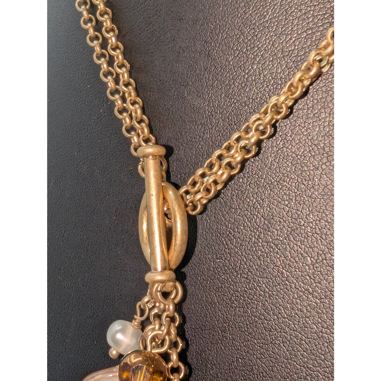 Muted Gold Tone Double Rolo Link Front Toggle Clasp Beaded Cluster 17" Necklace