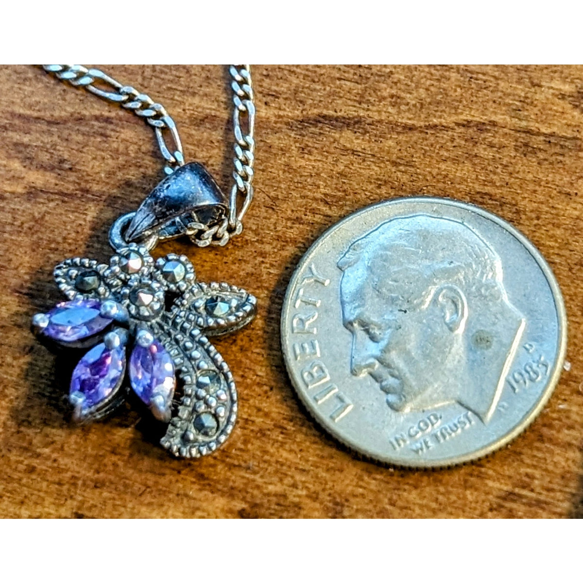 Vtg 925 Marked 'M' Marcasite & Three Purple Marquis Cut Crystal Pendant Necklace