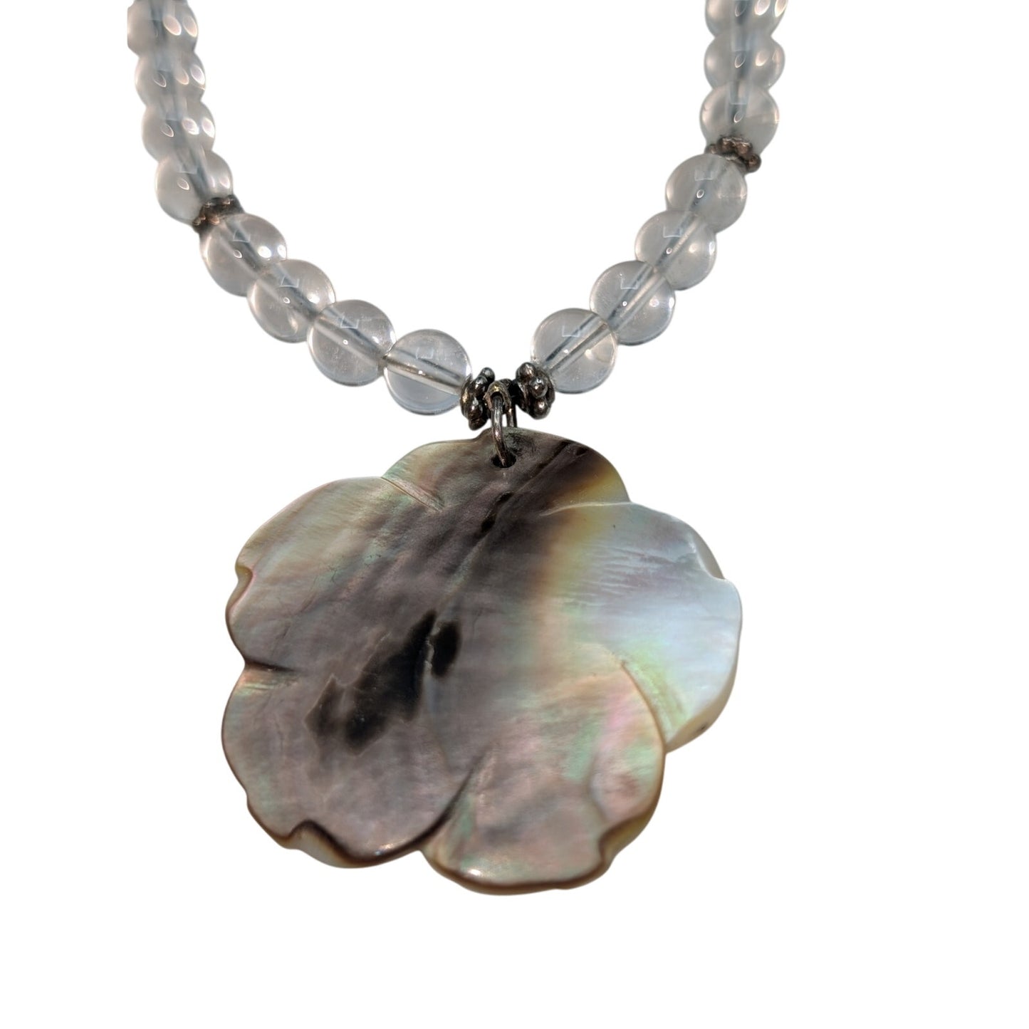 Vintage 925 Sterling Silver Quartz Bead Shell Flower Pendant 17.5" Necklace