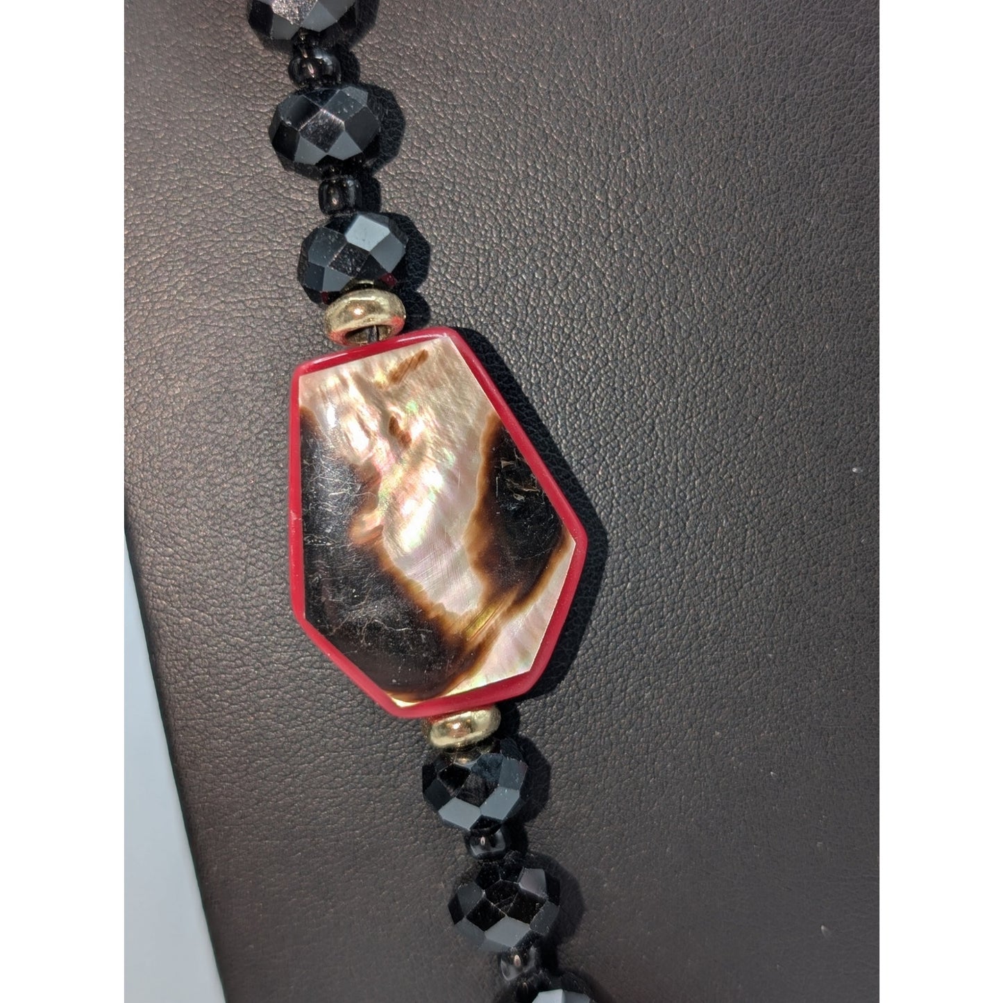 Chico's Collectibles Black Glass Red Lucite Animal Print Shell Dangle Necklace