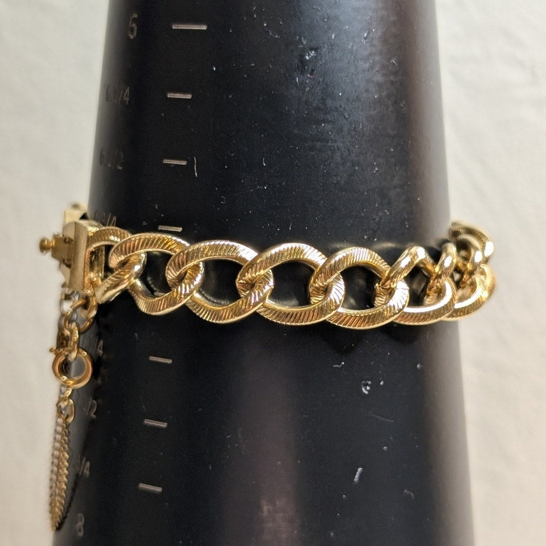 MONET Vintage Gold Tone Textured Cuban Link Safety Chain Charm Bracelet