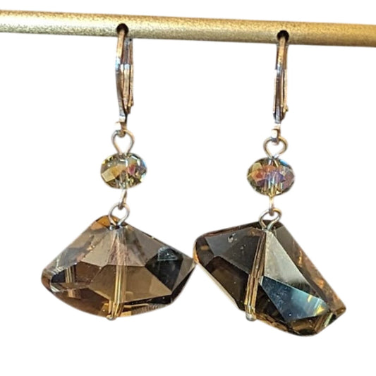 Smoky Cut Glass and Crystal Lever Back Earrings Silver Tone