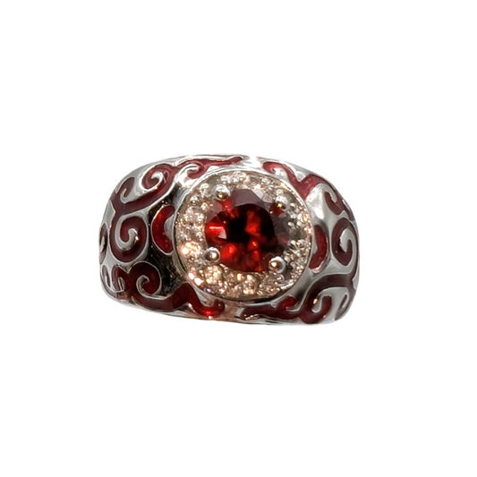Red Glass CZ Red Enamel Swirl Silver Tone Cocktail Ring Size 8