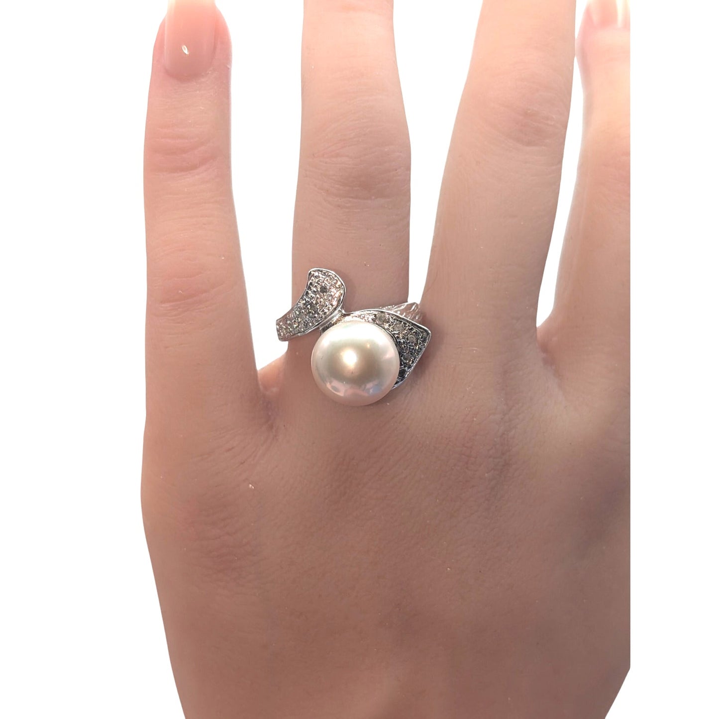 Italian Designer Boccati Sterling Silver Diamond & Pearl By Pass Ring Size 7.25