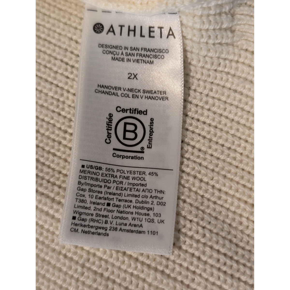 Athleta Hanover Pelican Cream Refined V-Neck Sweater Relaxed Fit Sweater Sz 2X