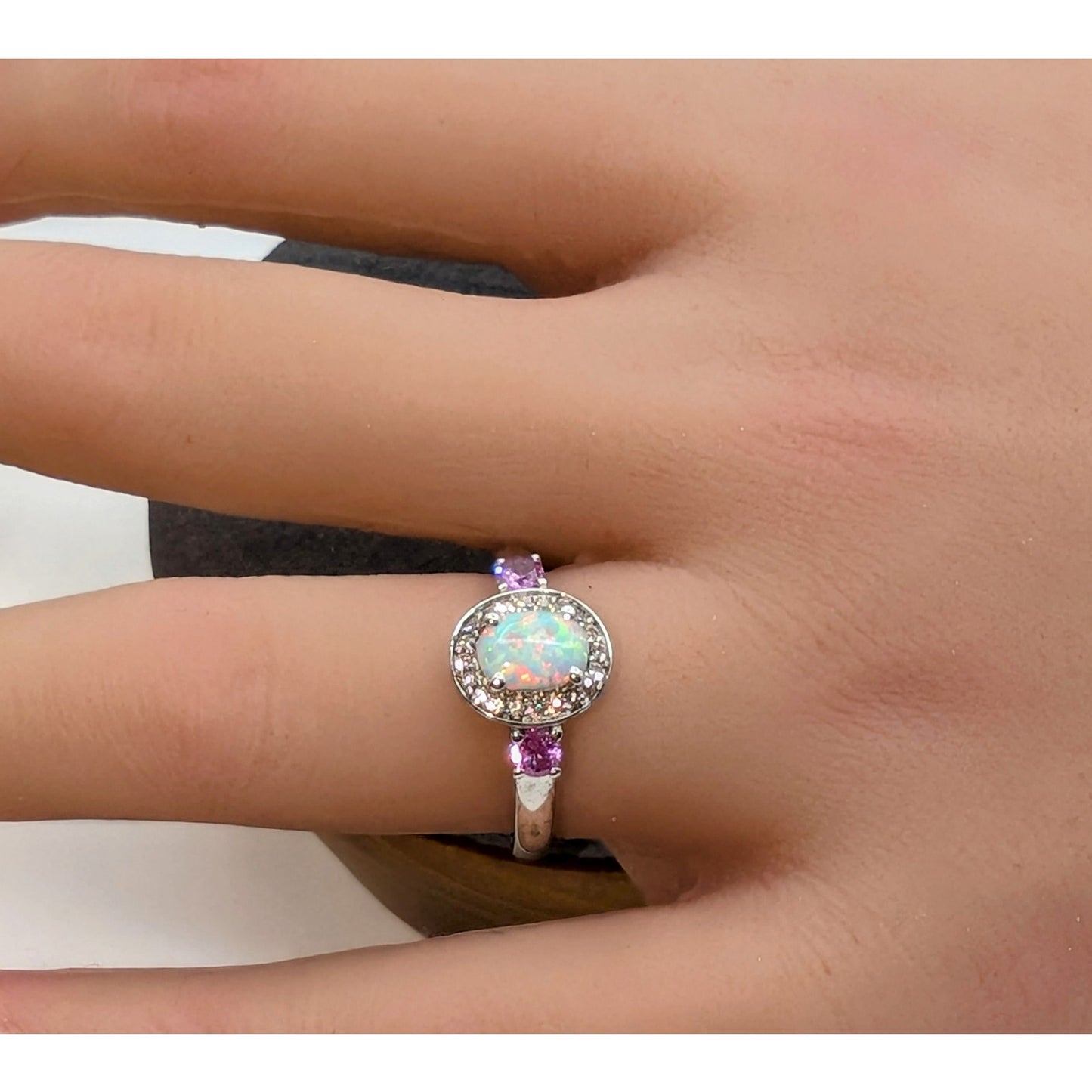 925 Sterling Oval Lab-Grown Pink Opal Cabochon & Pink White Spinel Sz 6.75