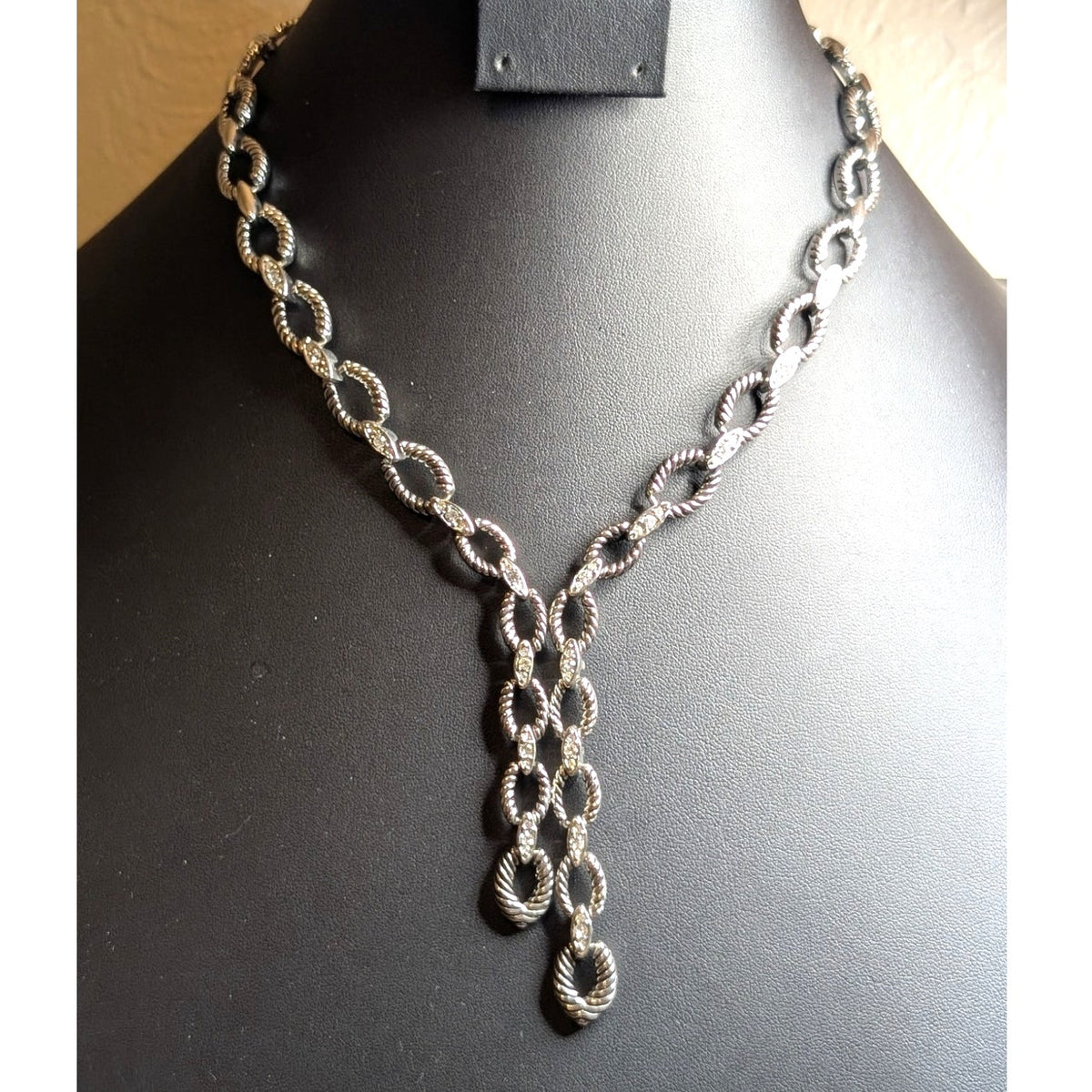 Silver Tone Textured Oval Link CZ Side by Side Y Dangle Fold Over Clasp Necklace