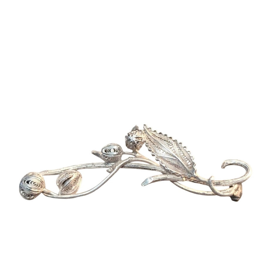 Antique HandMade Filigree 800 Silver Leaf & Flower Bud Hook Clasp Brooch