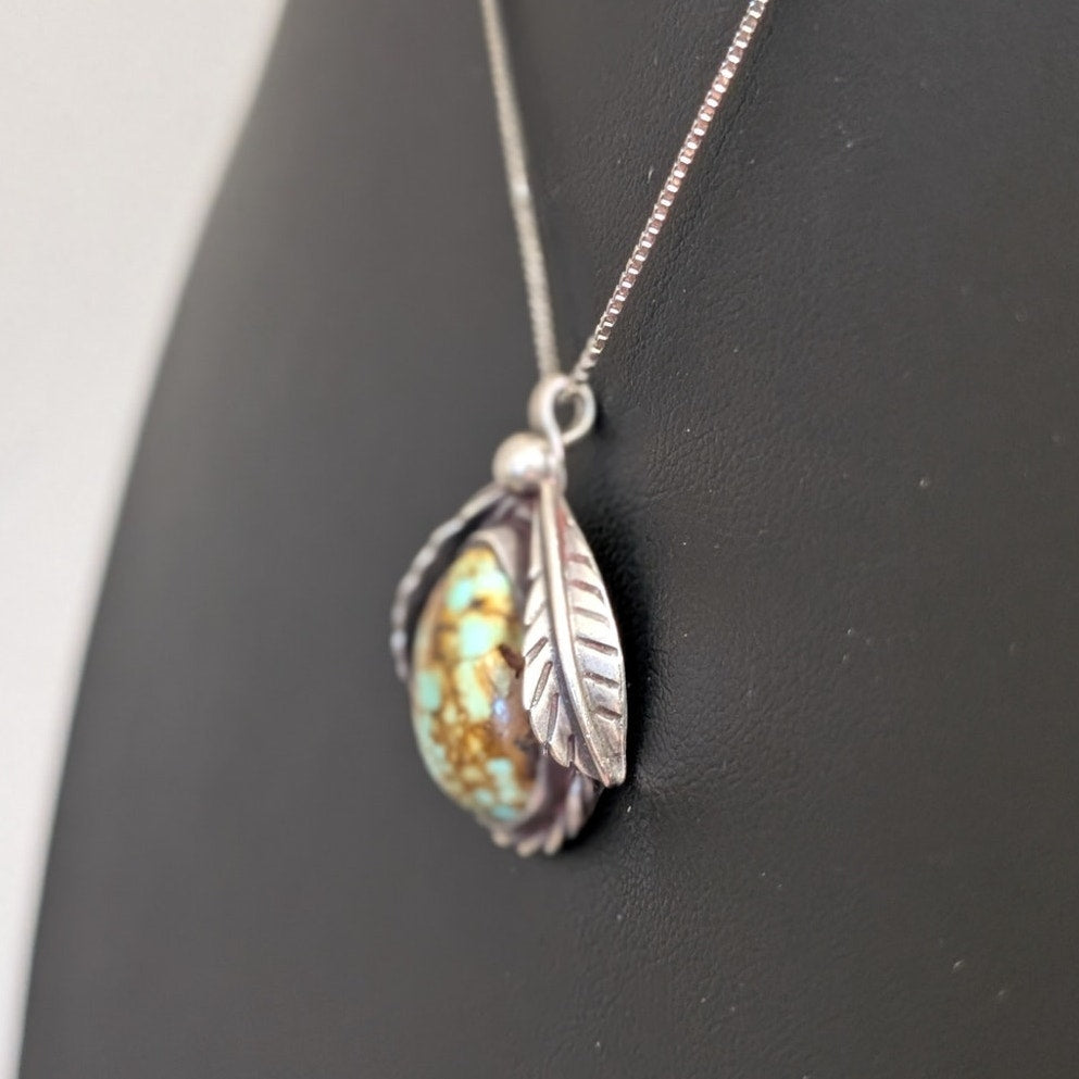 VTG 925 Sterling Navajo Brown Web Pear Shape Turquoise Leaf Pendant Necklace