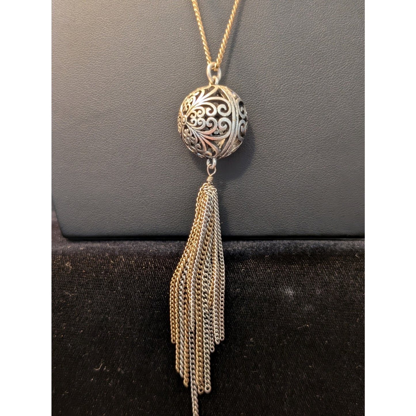 Lucky Brand Two Tone Metal Scroll Filigree Ball Tassel Long Necklace