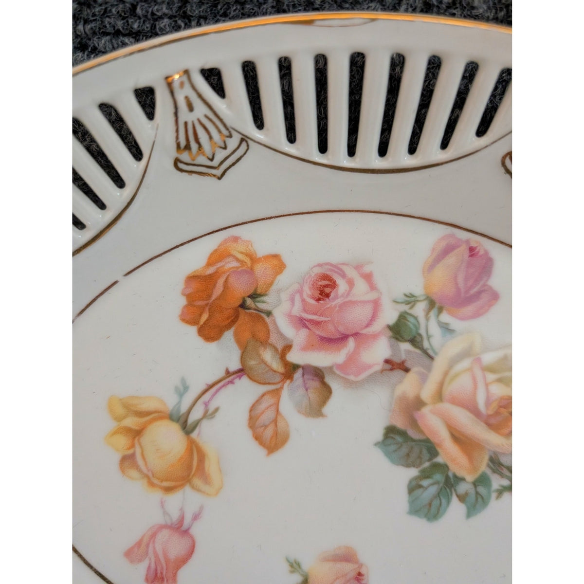 Vintage German Porcelain Pierced Lattice Rose Floral Bread Serving Bowl