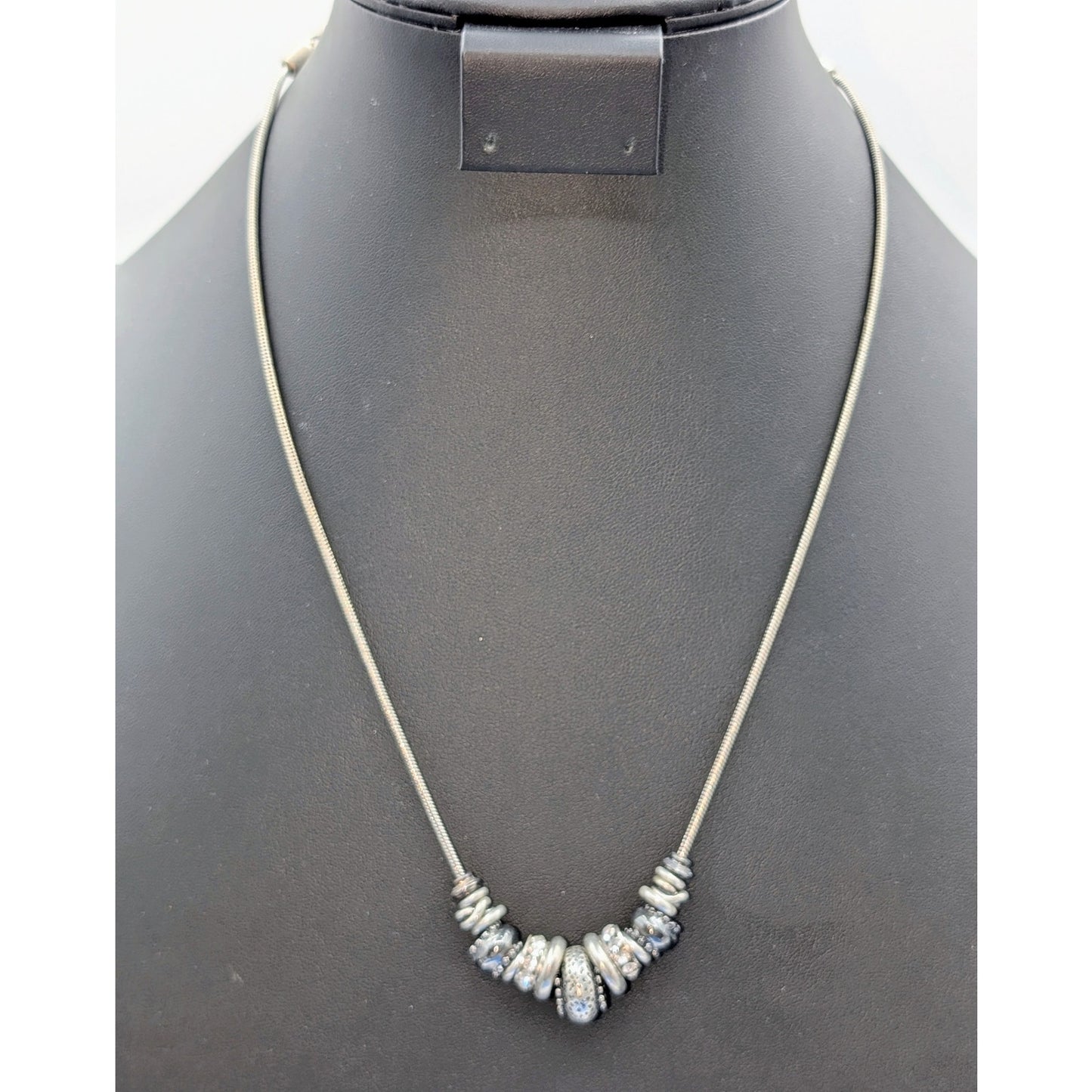 Chico's Silver Tone Pewter Look Multi-Rondelle Charm Beaded Snake Chain Necklace