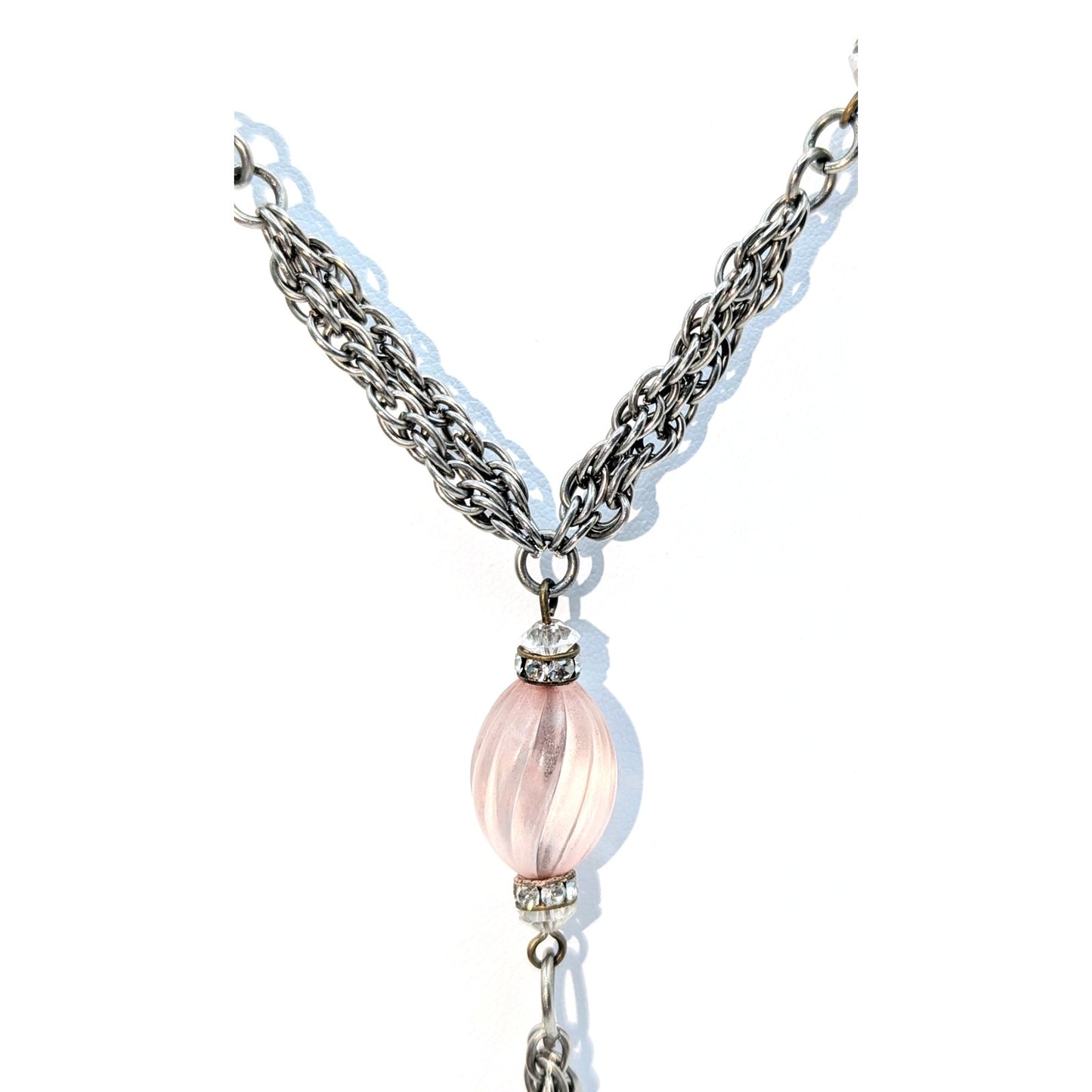 Vtg Art Deco Style Pink Swirl & Crystal Bead Silver Tone Dangle Chain Necklace