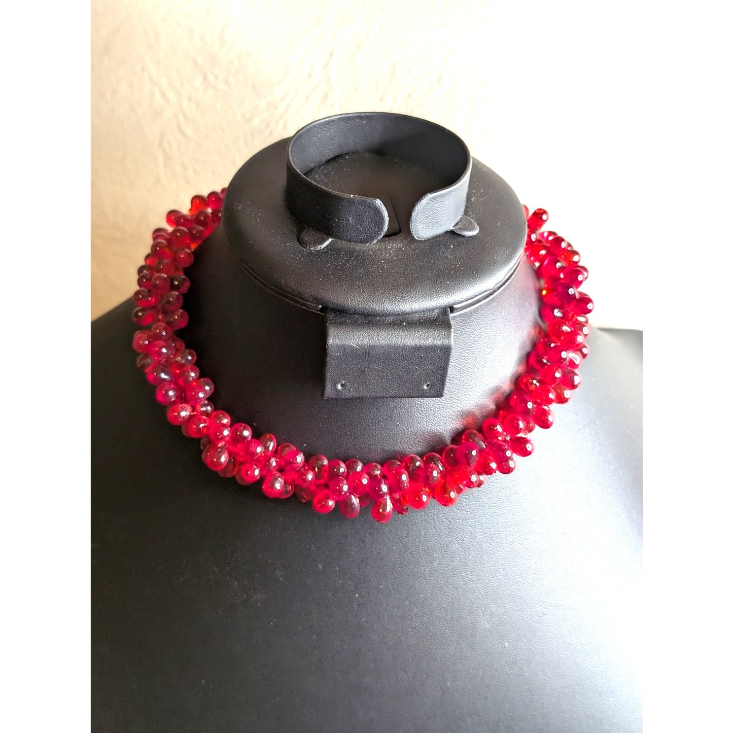 Artisan Red Teardrop Murano Glass Bead 14K Gold Clasp 15.5" Choker Necklace