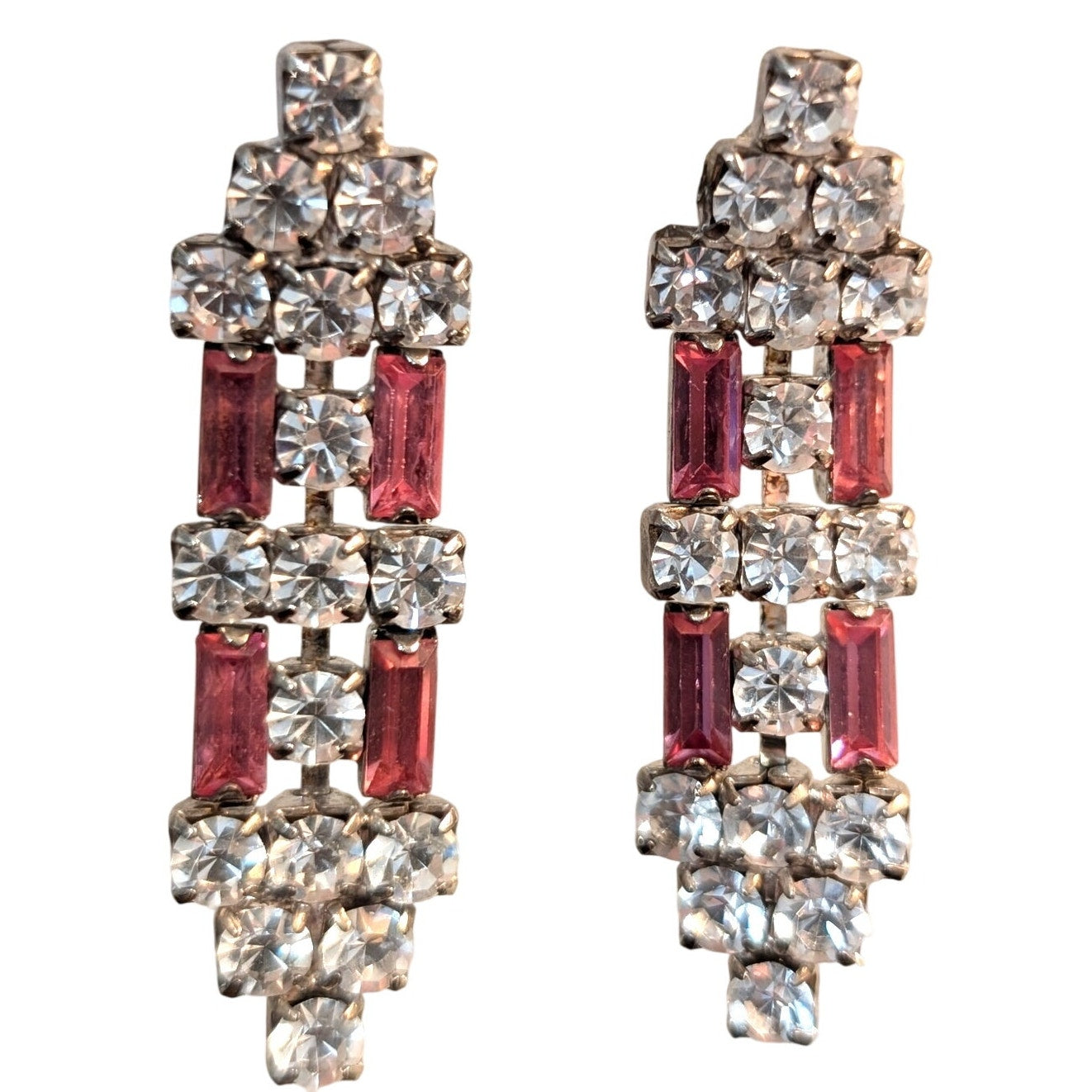 Vtg 50s Art Deco Inspired Pink Baguette & Clear Round Rhinestone Drop Earrings