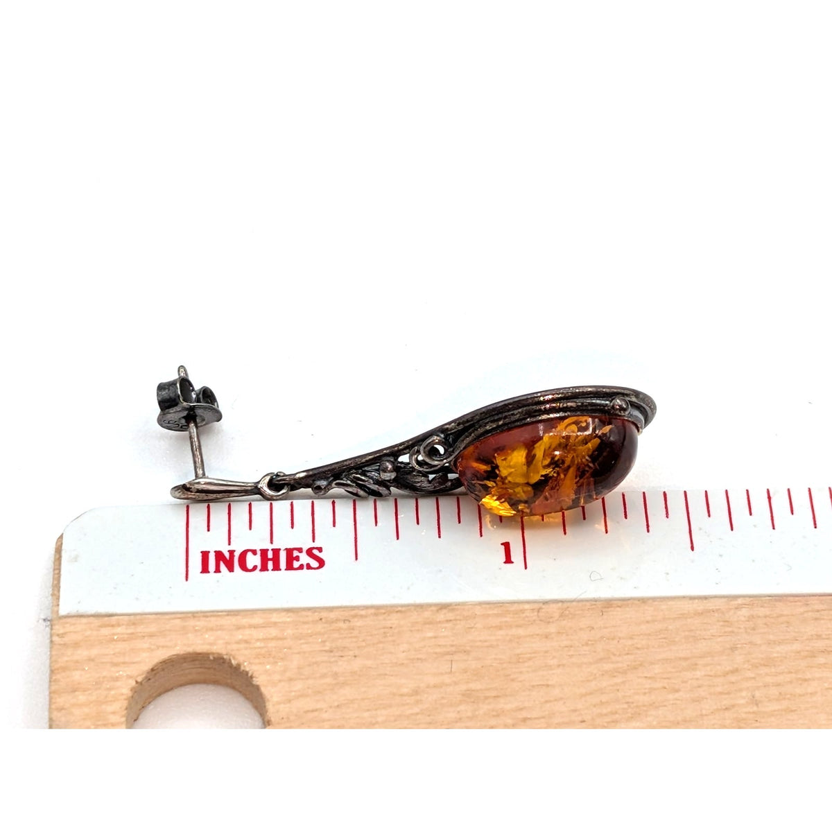 Vintage 925 Sterling Silver Leafy Vine Design Baltic Amber Dangle Drop Earrings