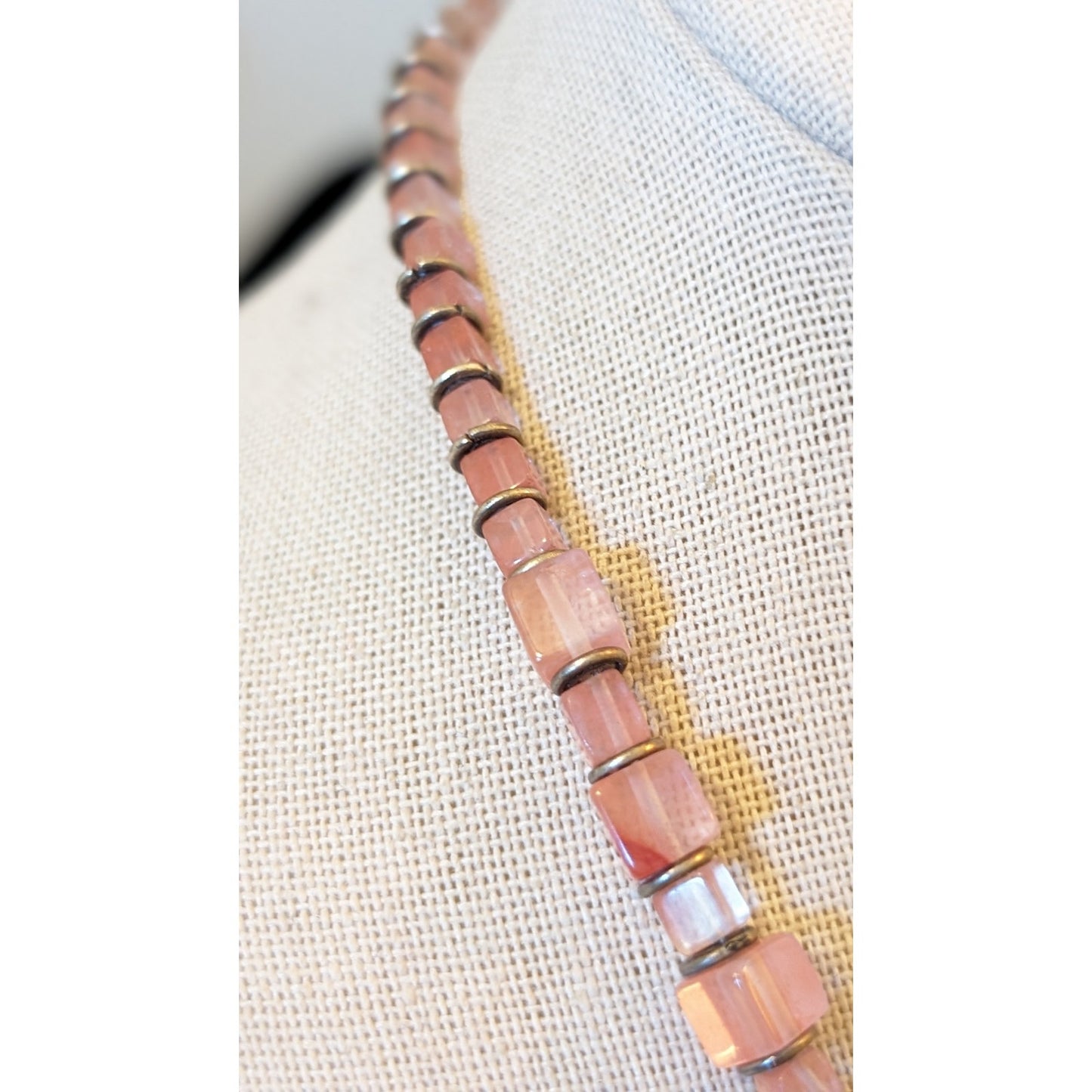 Vintage Pink Square Glass Bead Sterling Silver 17" Necklace