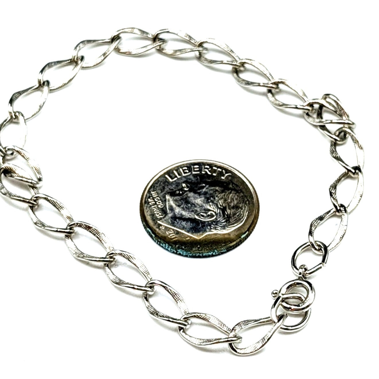 Vintage Sterling Silver Oval Etched Link Charm Bracelet Spring Ring Clasp