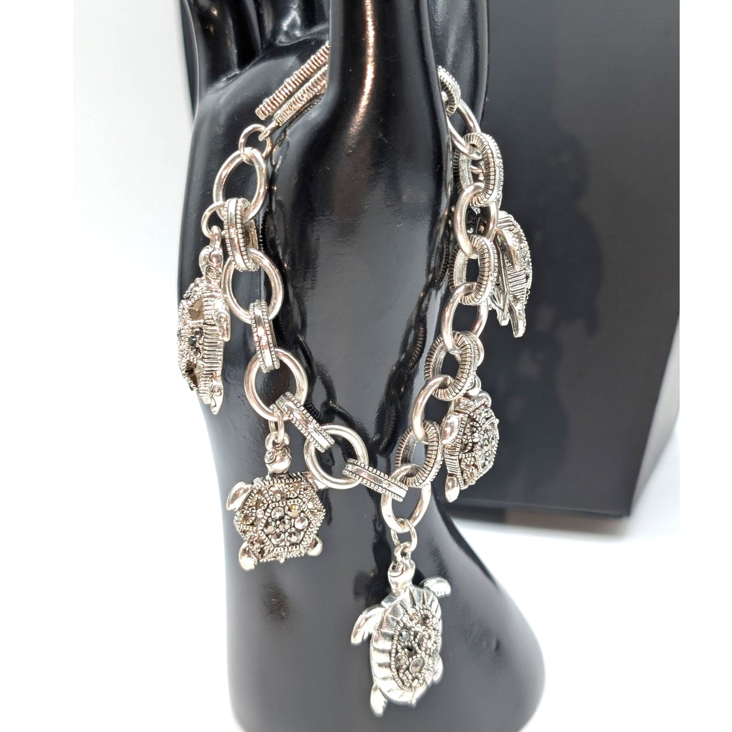 Chunky Silver Tone Marcasite Toggle Clasp Turtle Charm Bracelet