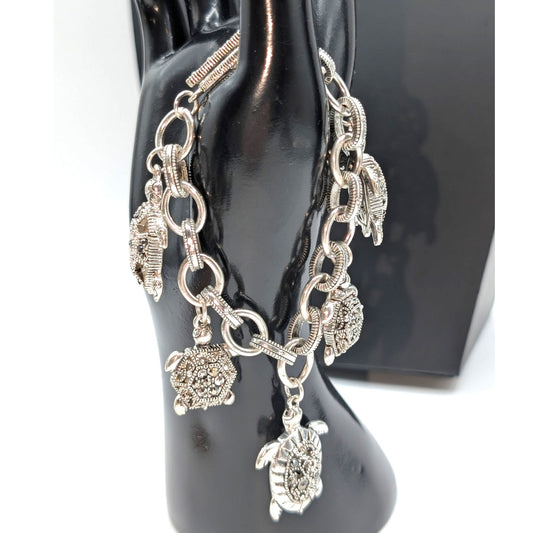 Chunky Silver Tone Marcasite Toggle Clasp Turtle Charm Bracelet