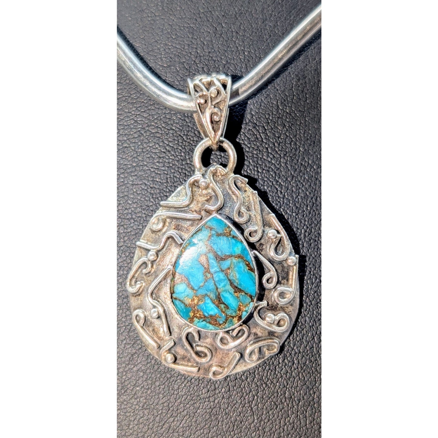 Vintage Teardrop Turquoise 925 Sterling Silver Squiggle Design Pendant (Only)