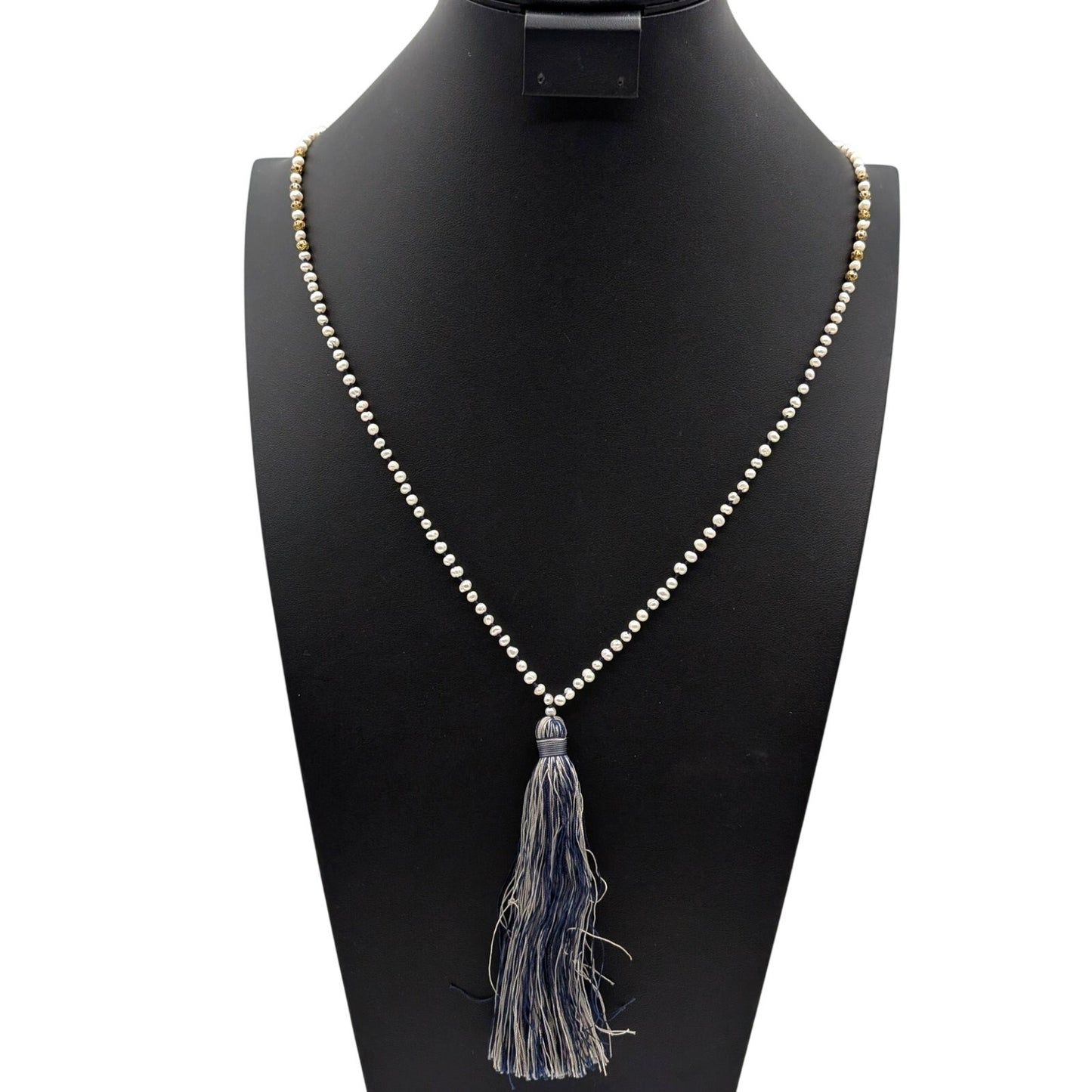 Vtg Zacasha Genuine Pearl Navy Filigree Bead Blue Silver Tassel Boho Necklace
