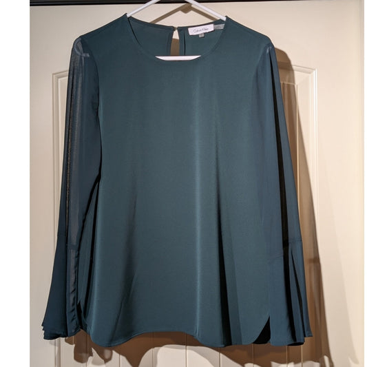 Calvin Klein Dark Green Sheer Bell Sleeve One Button Back Blouse Womens Size M