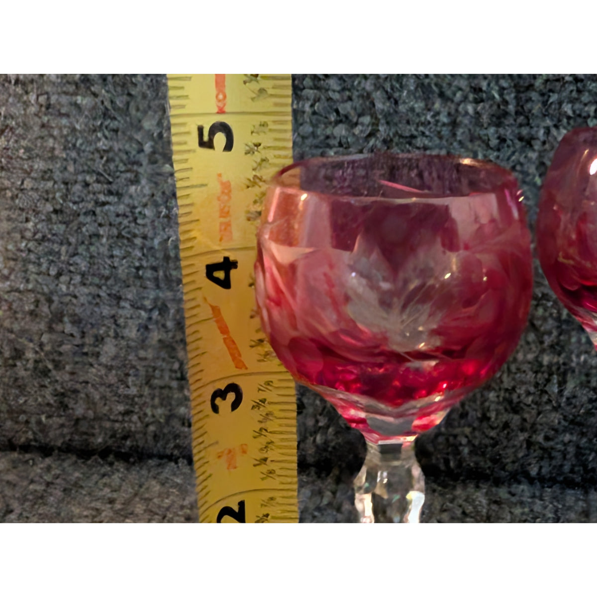 Vtg Czech Bohemian 3 Cranberry & 3 Green Cut to Clear Crystal Cordials Set of 6