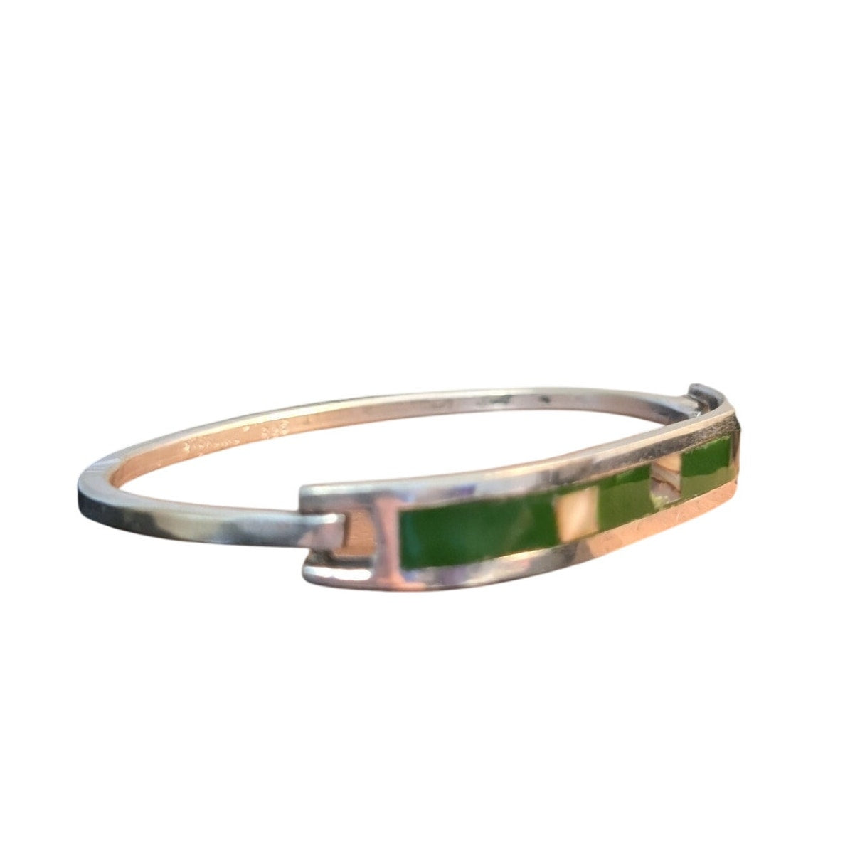 Vtg Mexico 925 Sterling Green Stone Abalone Inlay Tension Clasp Bangle Bracelet
