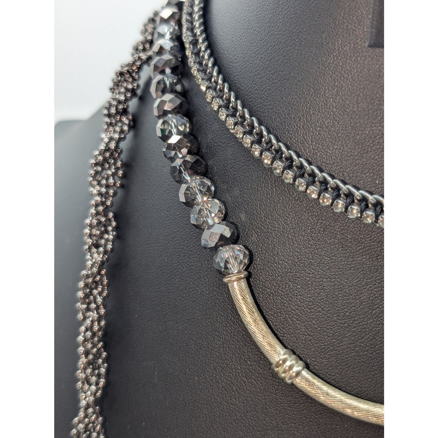 Lot of Three Crystal Bead & Pendant Rhinestone Twisted Metallic Bead Necklaces