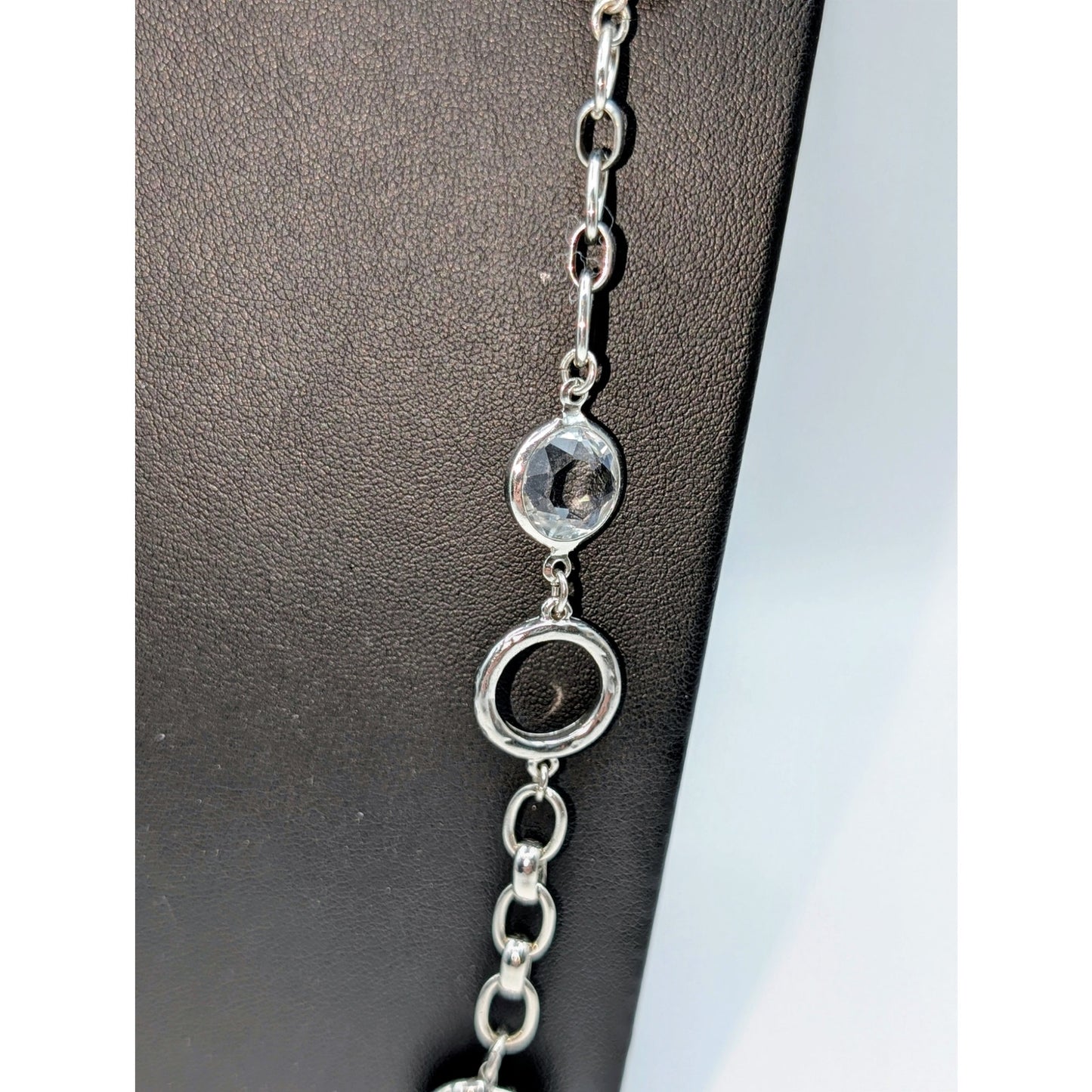 White House Black Market 34"-38" Silver Tone Pearl Crystal  Long Chain Necklace
