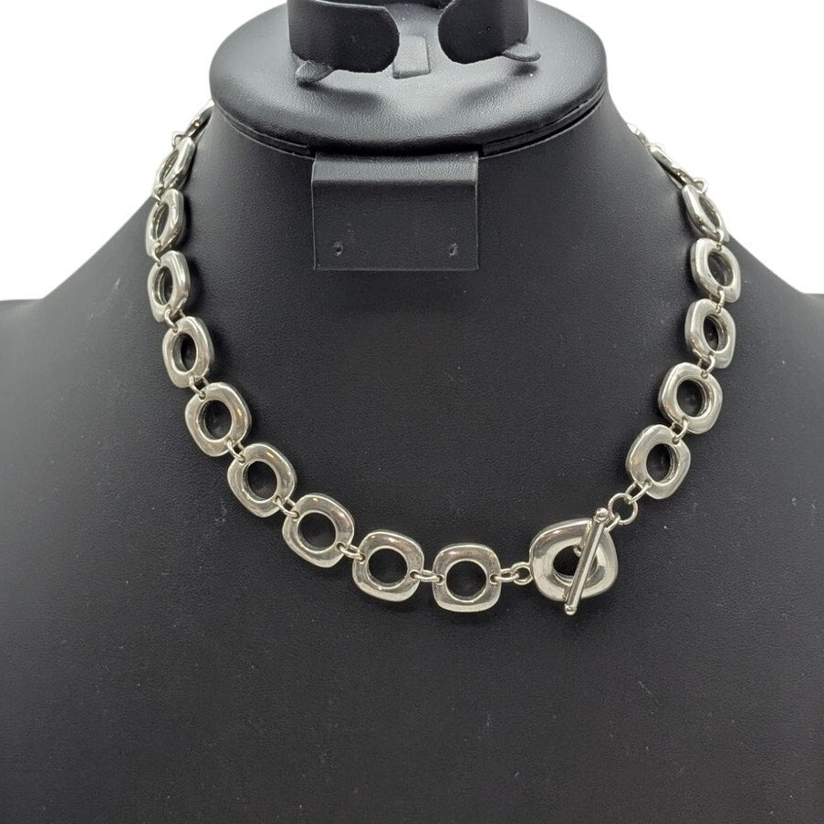 Silver Tone Chunky Squared Off Circle Chain Link Toggle Clasp 17.5" Necklace