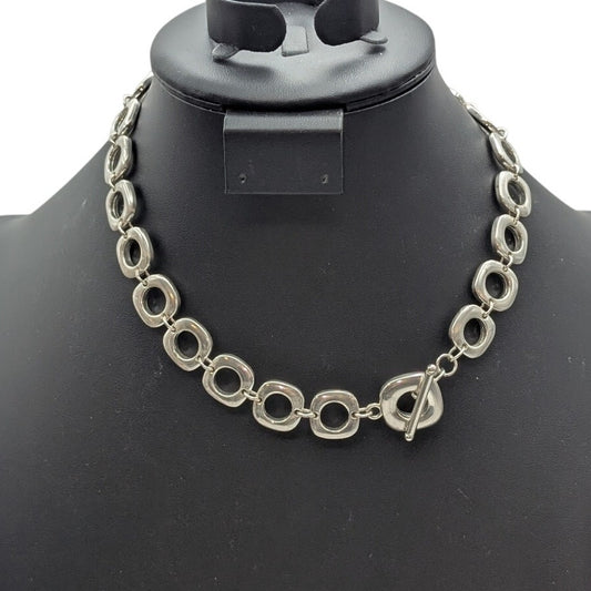Silver Tone Chunky Squared Off Circle Chain Link Toggle Clasp 17.5" Necklace