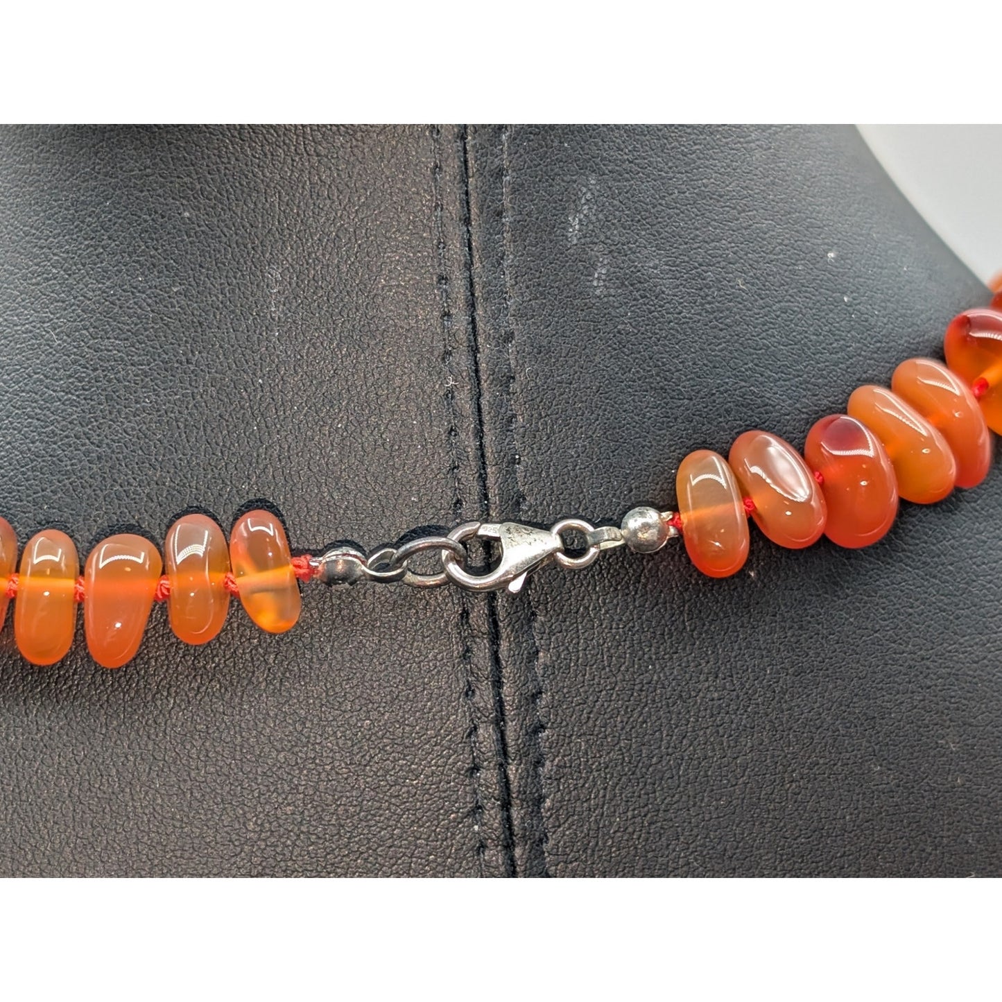 925 Sterling Silver Carnelian Agate Stone Bead Choker 17.5" Necklace