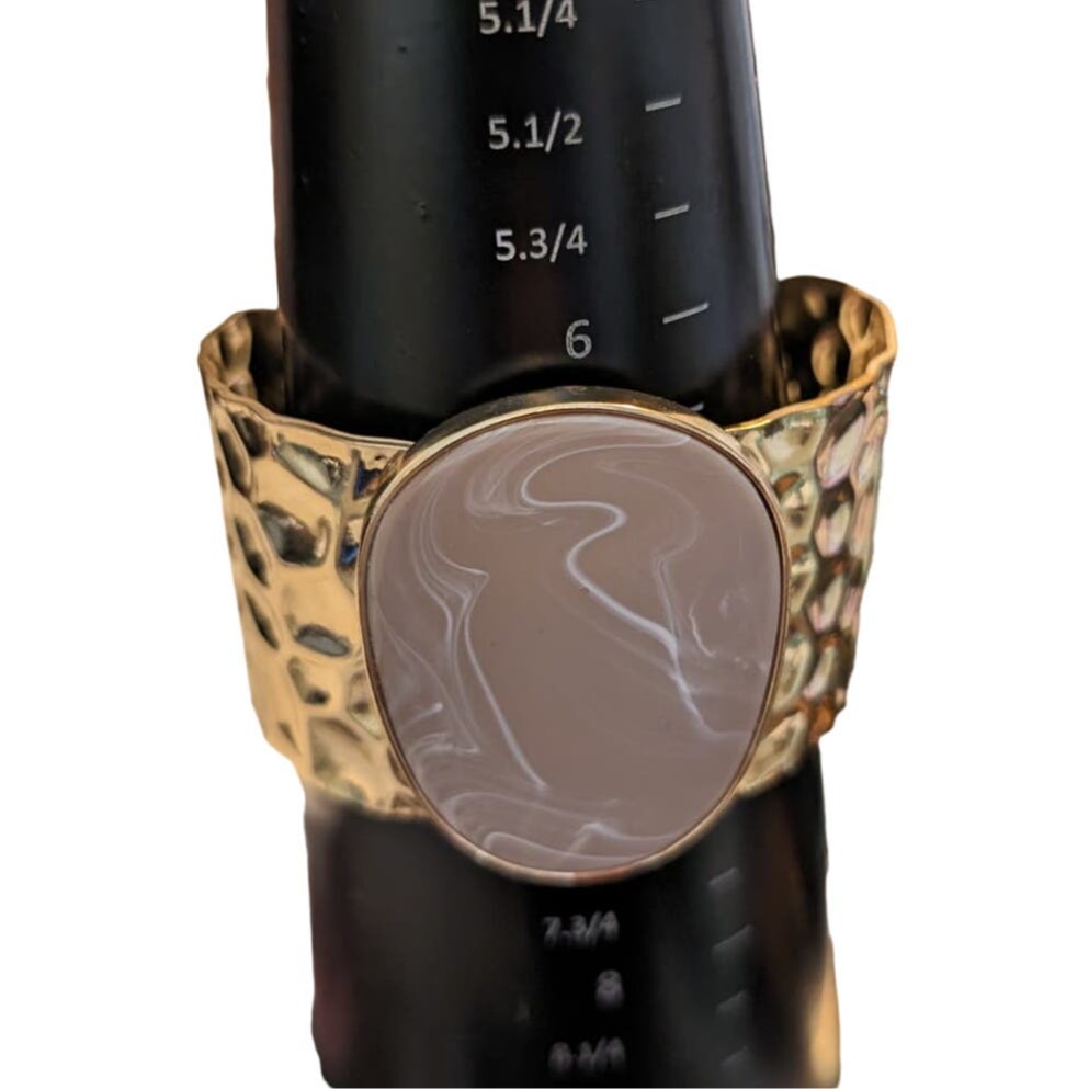 Hammered Gold Tone Cuff W/ Bezel Set Tan Swirl Faux Stone