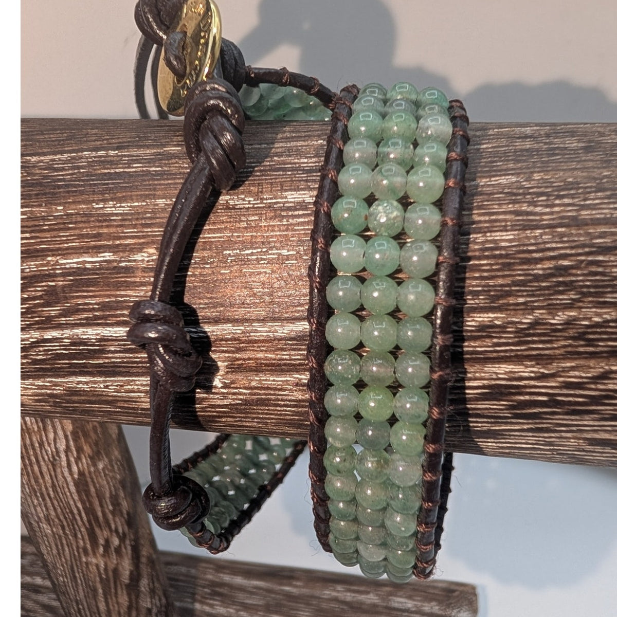 Lulu Dharma Three Row Green Semi-Precious Stone Bead Leather Wrap Bracelet