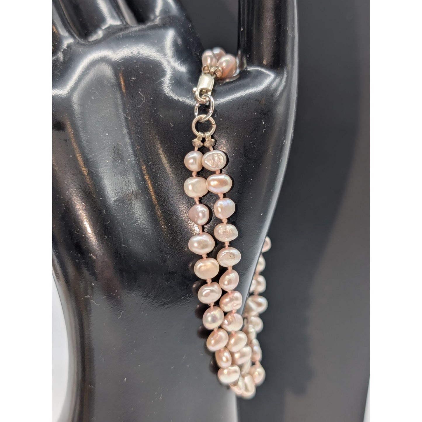 Pink Freshwater Pearl Double Strand Knotted Sterling Silver Clasp 8.25" Bracelet