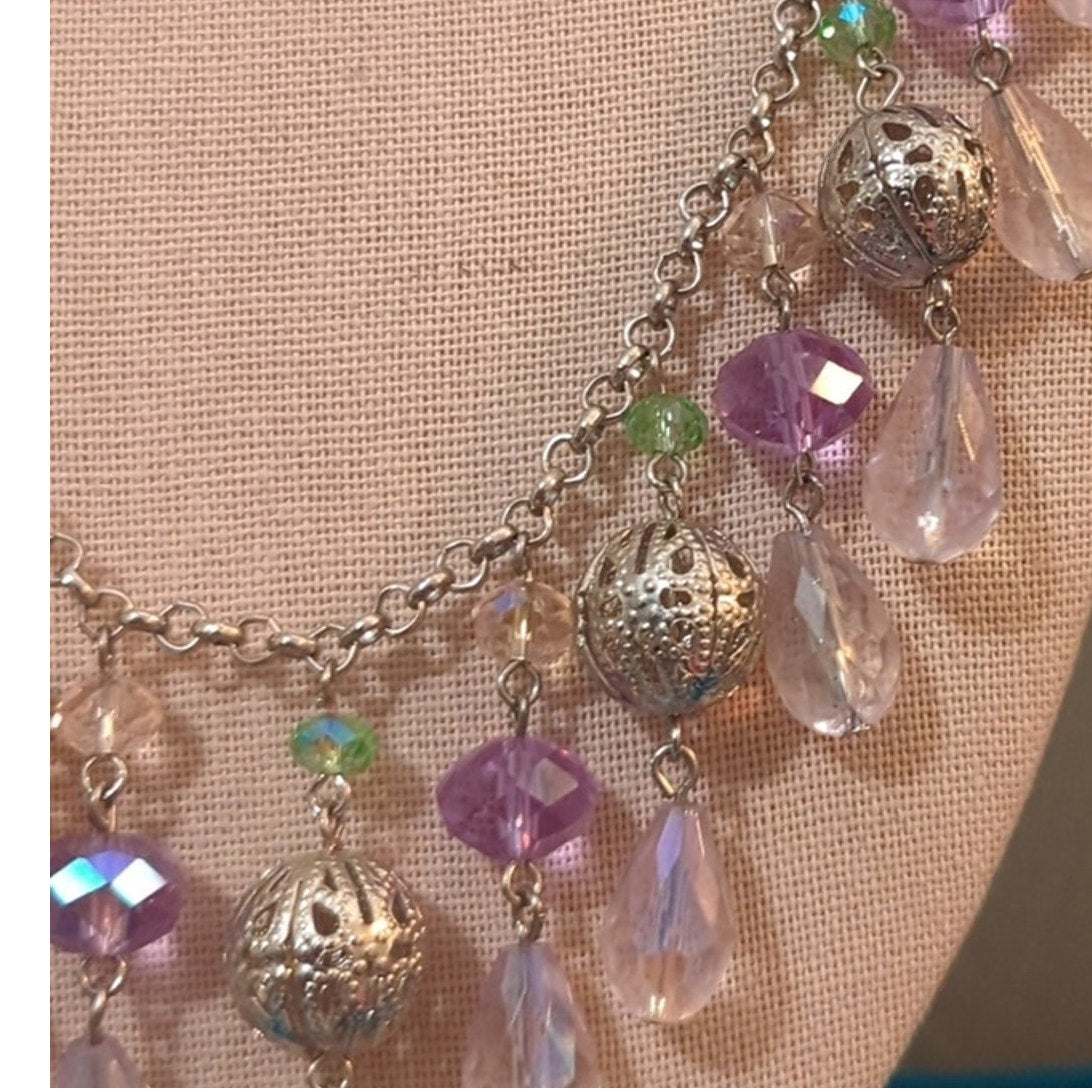 Lavender/Green Glass Crystal Bauble Silver Tone Filigree Ball Necklace