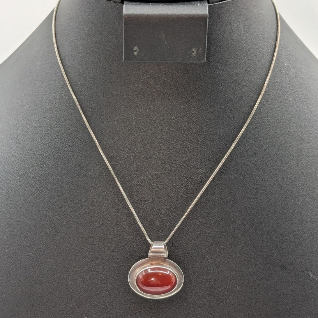 Vtg 925 Sterling Silver Mexico Bezel Set Carnelian Stone 16.5" Chain Necklace