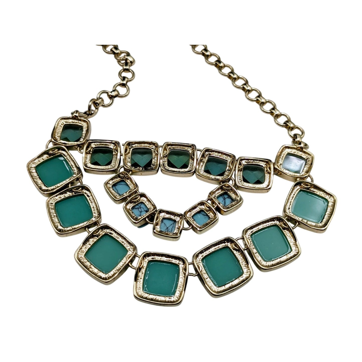 Anne Klein Triple Tier Blue Green Bead Gold Tone Toggle Clasp 17"-18" Necklace