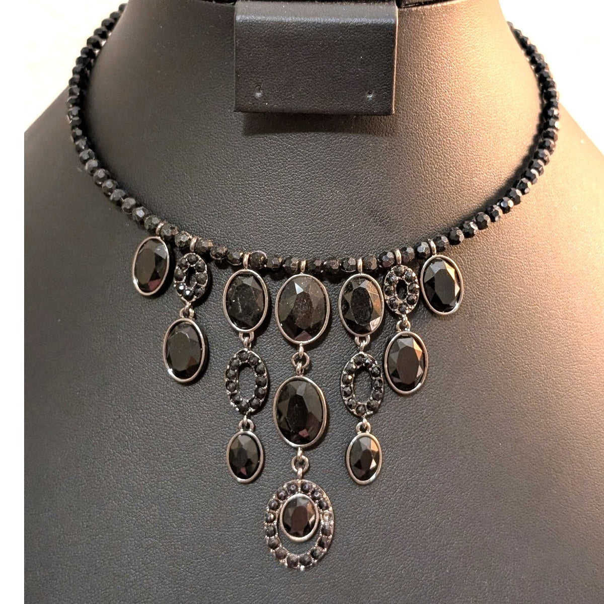 Black Beaded Waterfall Dangle Wire Choker Necklace