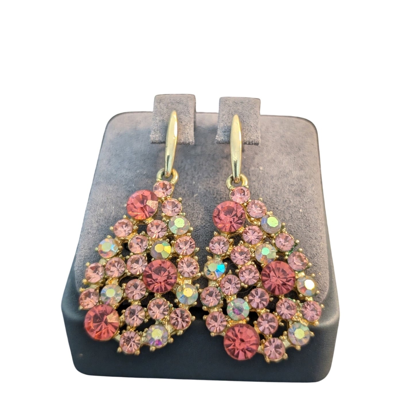 Rare Betsey Johnson Pink Crystal AB Tear Drop Gold Tone Earrings