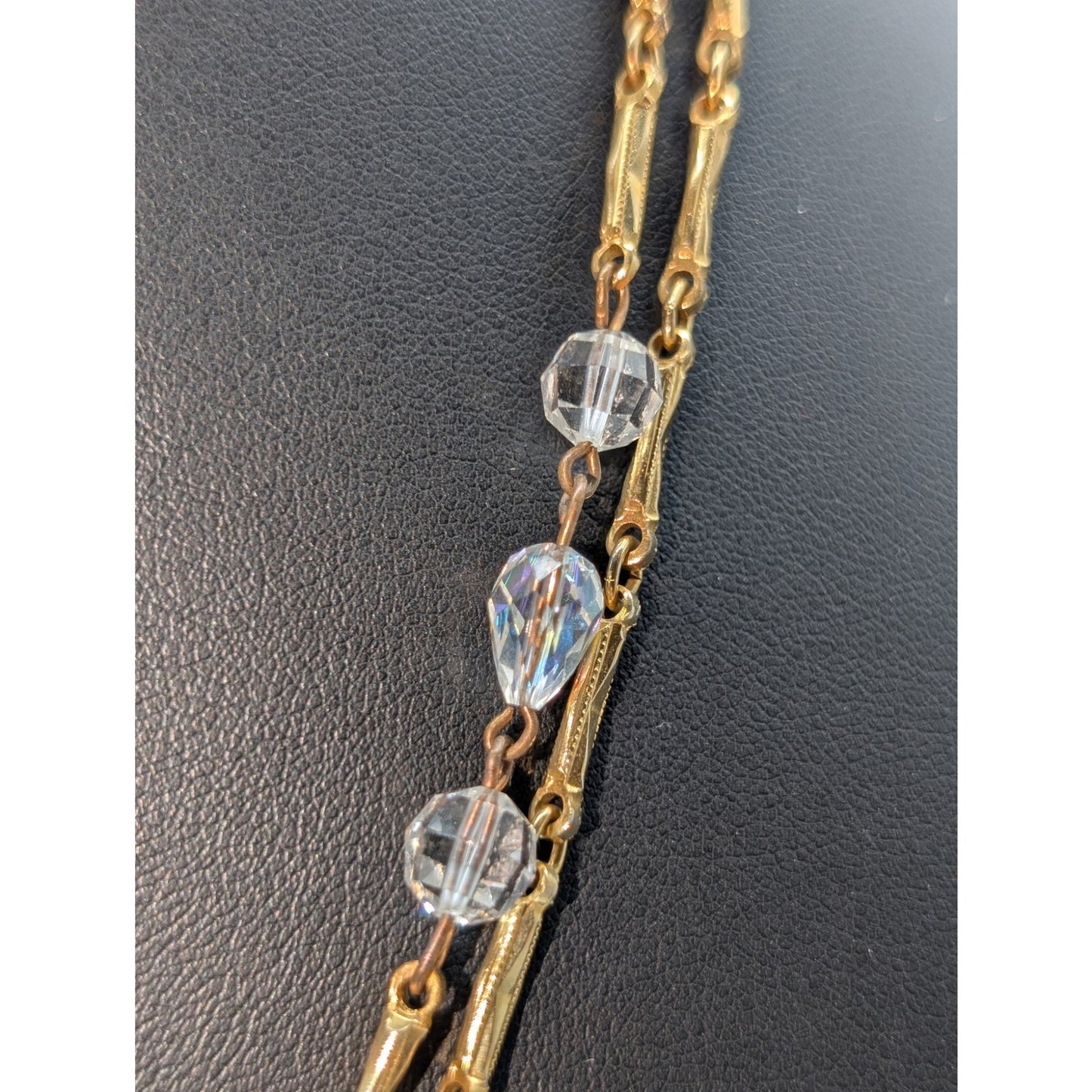 Vintage Glass Crystal Gold Tone Textured Chain Link 48" Long Strand Necklace
