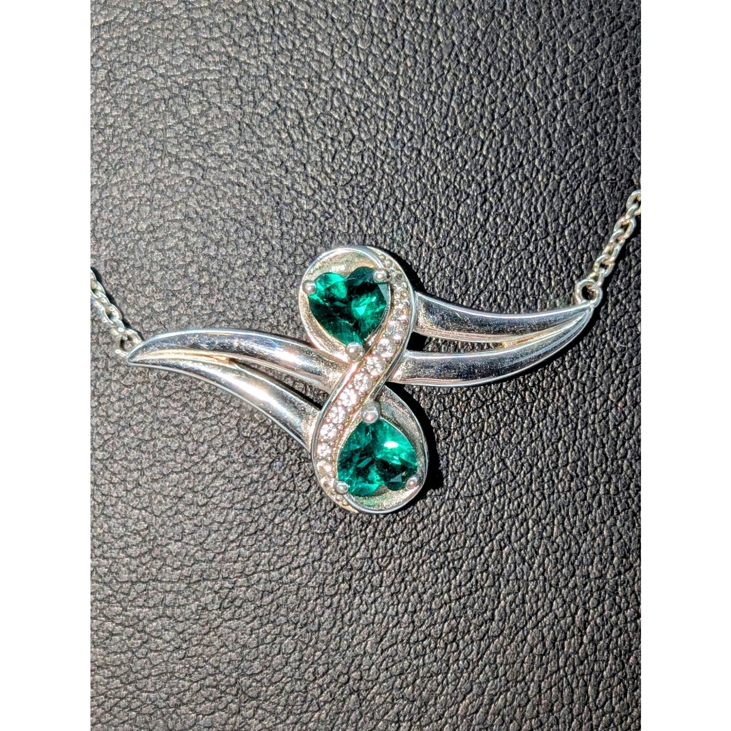 Green Zirconia White Created Sapphire 925 Sterling 2 Heart Infinity Necklace