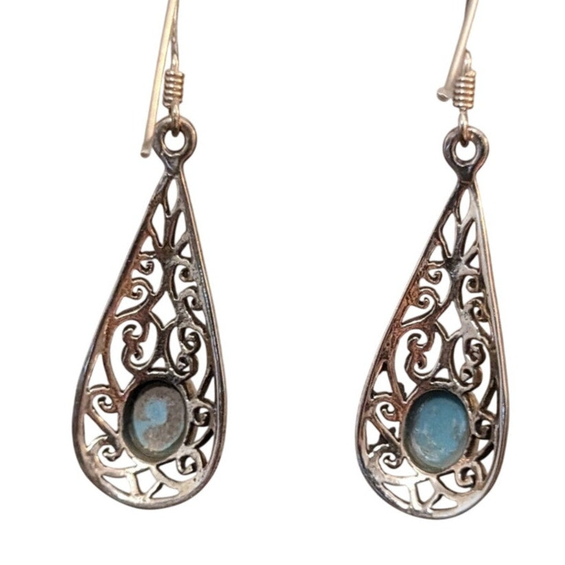 925 Sterling Silver Turquoise Filigree Teardrop Dangle Earrings