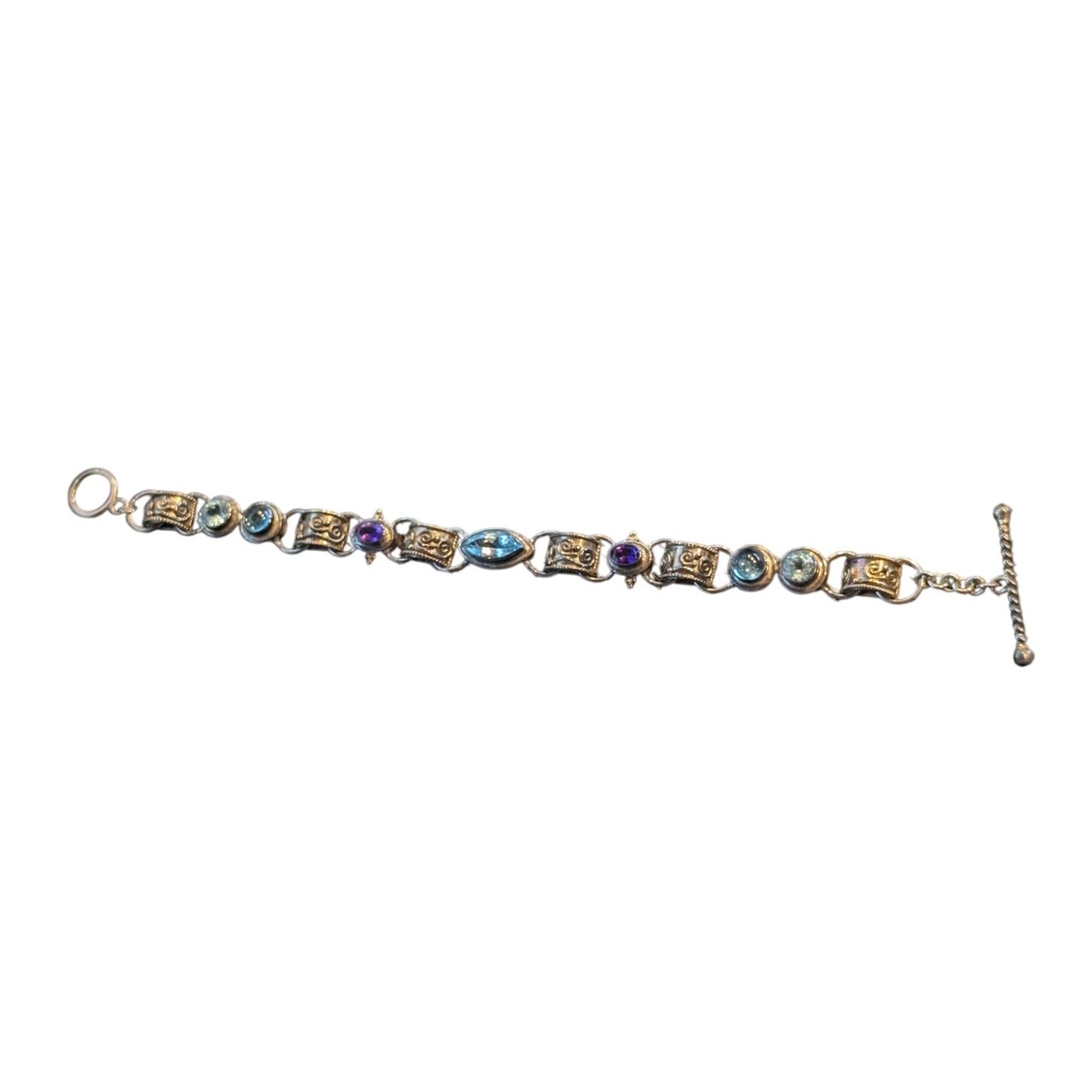 Vtg 925 Sterling Silver Blue & Purple Gemstone Etruscan Design Toggle Bracelet