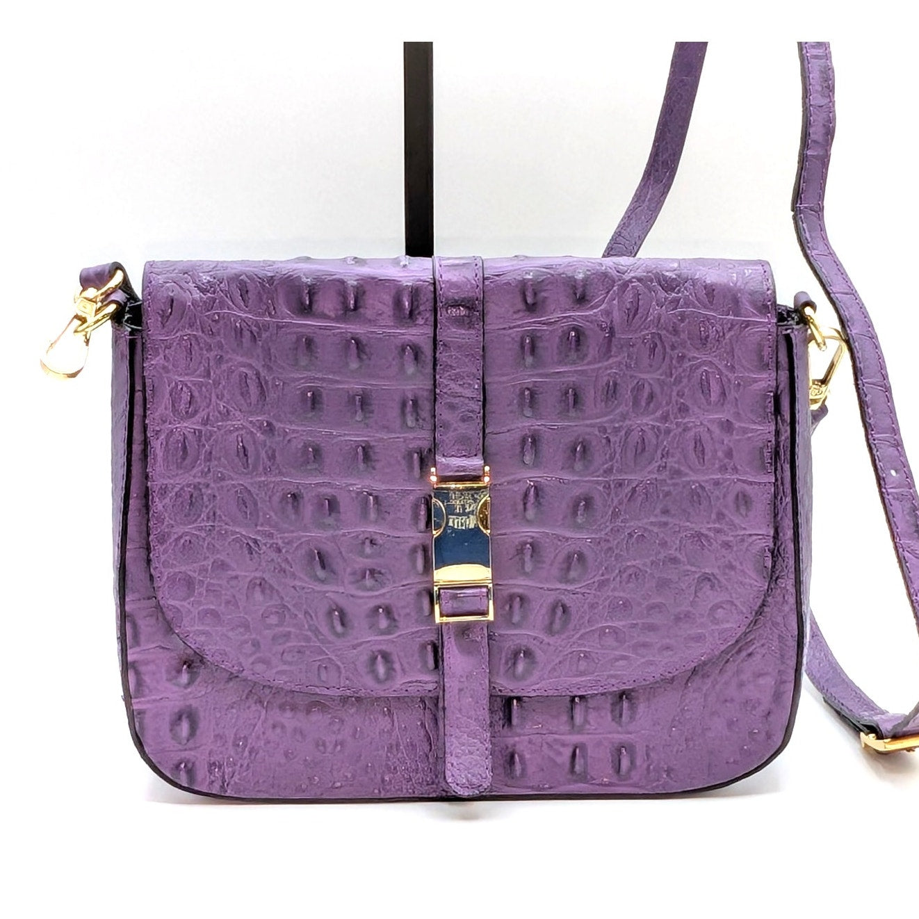 Firenze Italy Purple Leather Croc Embossed Long Strap/Short Strap Shoulder Bag