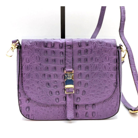 Firenze Italy Purple Leather Croc Embossed Long Strap/Short Strap Shoulder Bag
