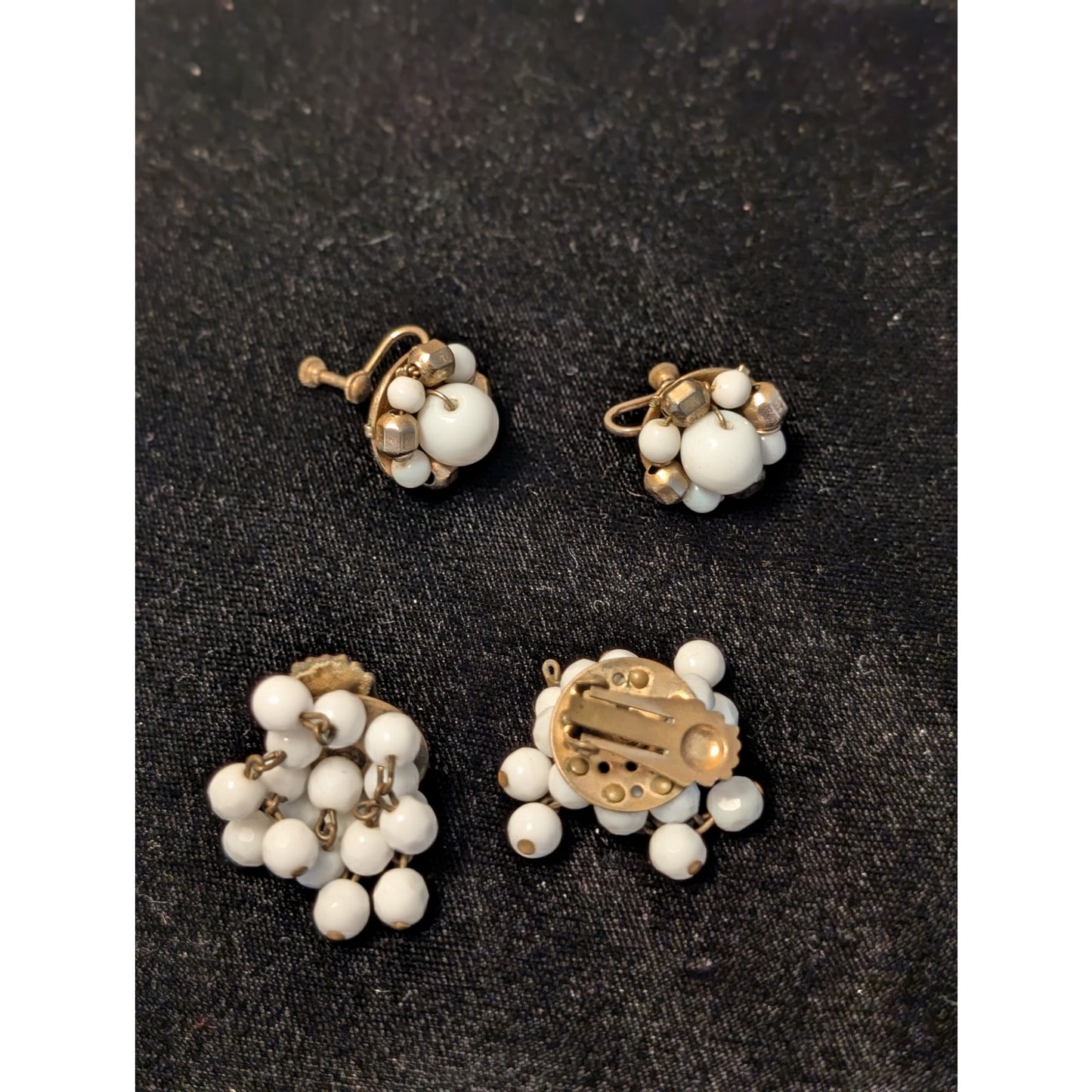 Two Pair Vintage Milk Glass Beaded Earrings One Screw On & One Clip On