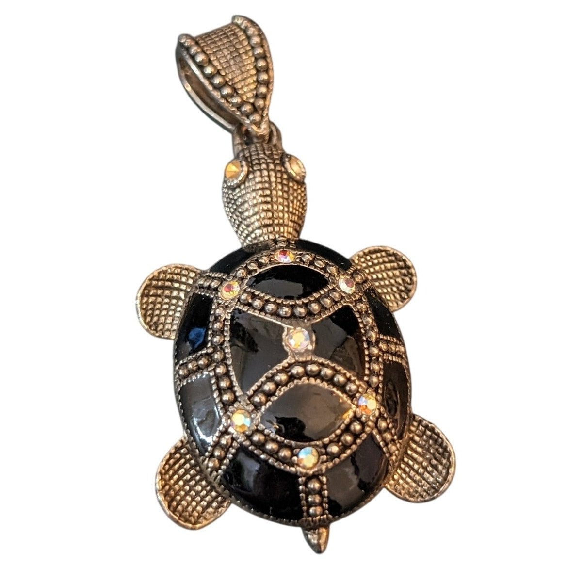 Vintage Black Enamel Beaded AB Crystal Silver Tone Chain Turtle Necklace